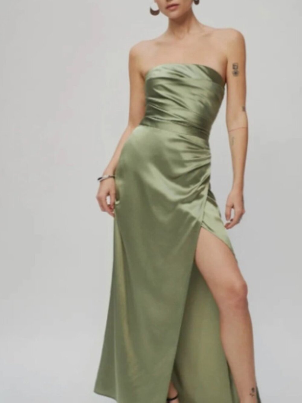 Reformation Barrow Silk Artichoke Green Maxi Strapless Dress - Size 6